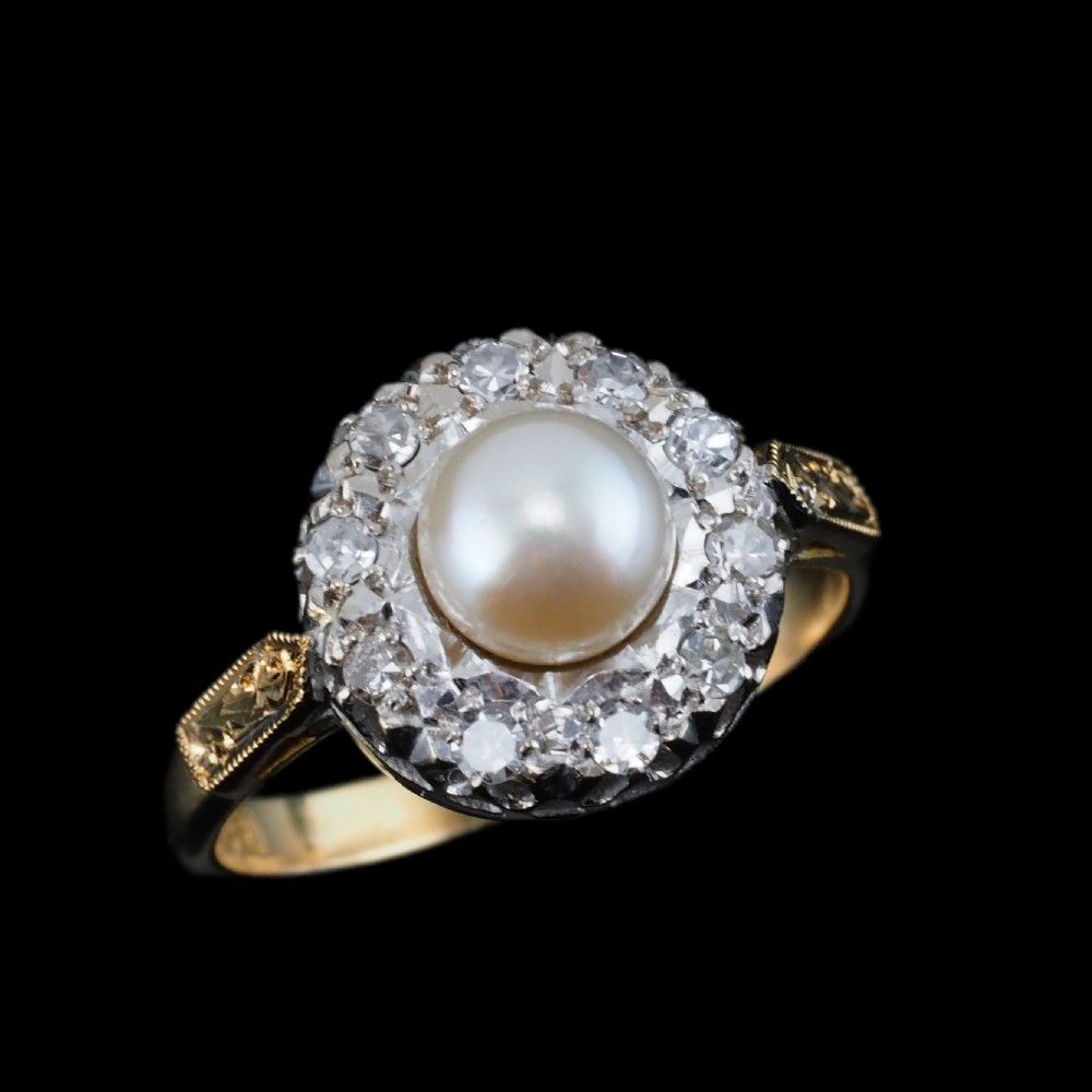 Antique Pearl & Diamond Cluster Ring 18ct Gold - c.1900s View XII