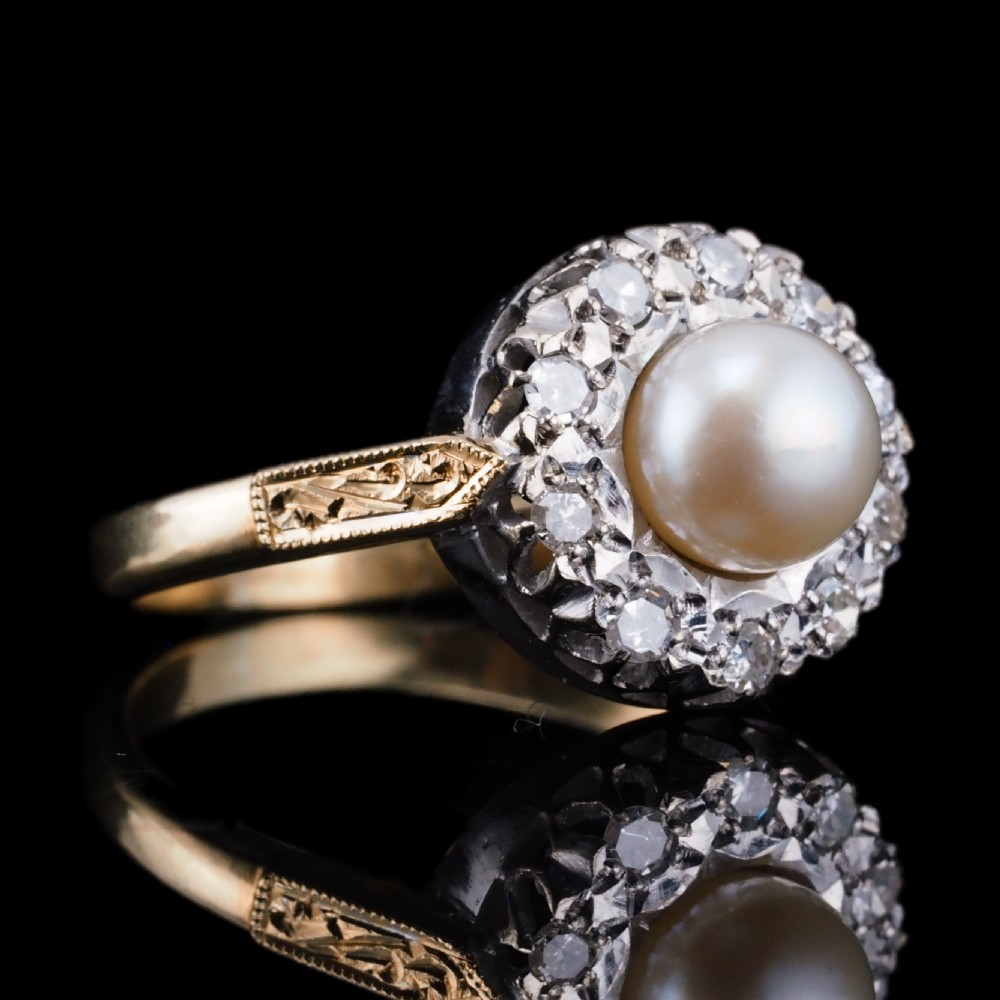 Antique Pearl & Diamond Cluster Ring 18ct Gold - c.1900s View XV