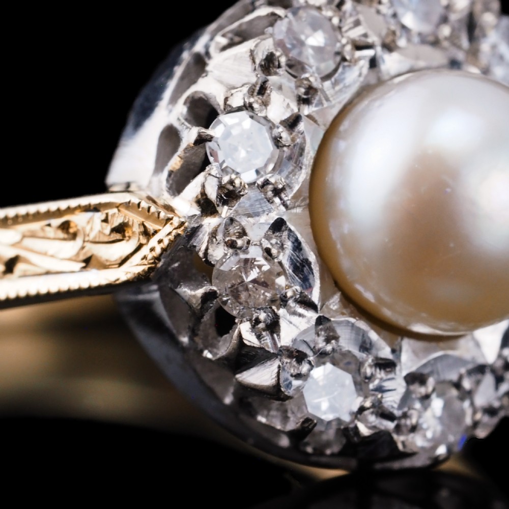 Antique Pearl & Diamond Cluster Ring 18ct Gold - c.1900s View XVII