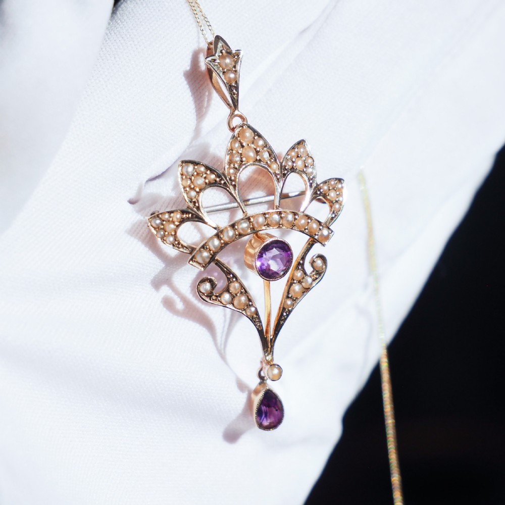 Antique Edwardian Amethyst Necklace with Seed Pearls 9ct Gold - c.1900s View II