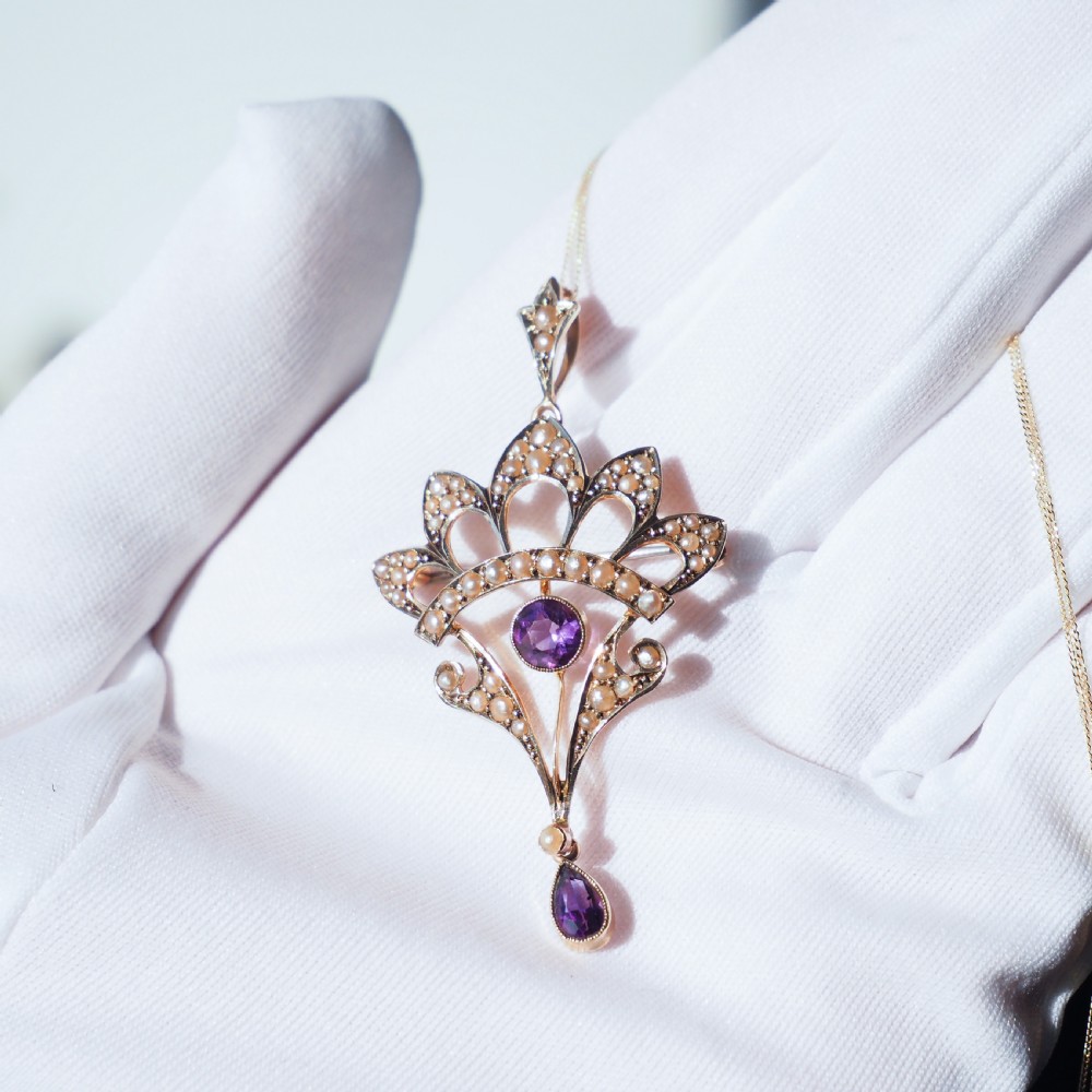 Antique Edwardian Amethyst Necklace with Seed Pearls 9ct Gold - c.1900s View III