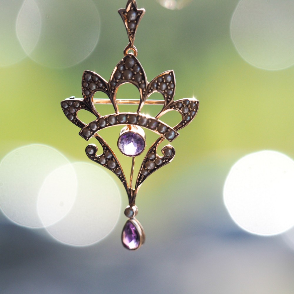 Antique Edwardian Amethyst Necklace with Seed Pearls 9ct Gold - c.1900s View V