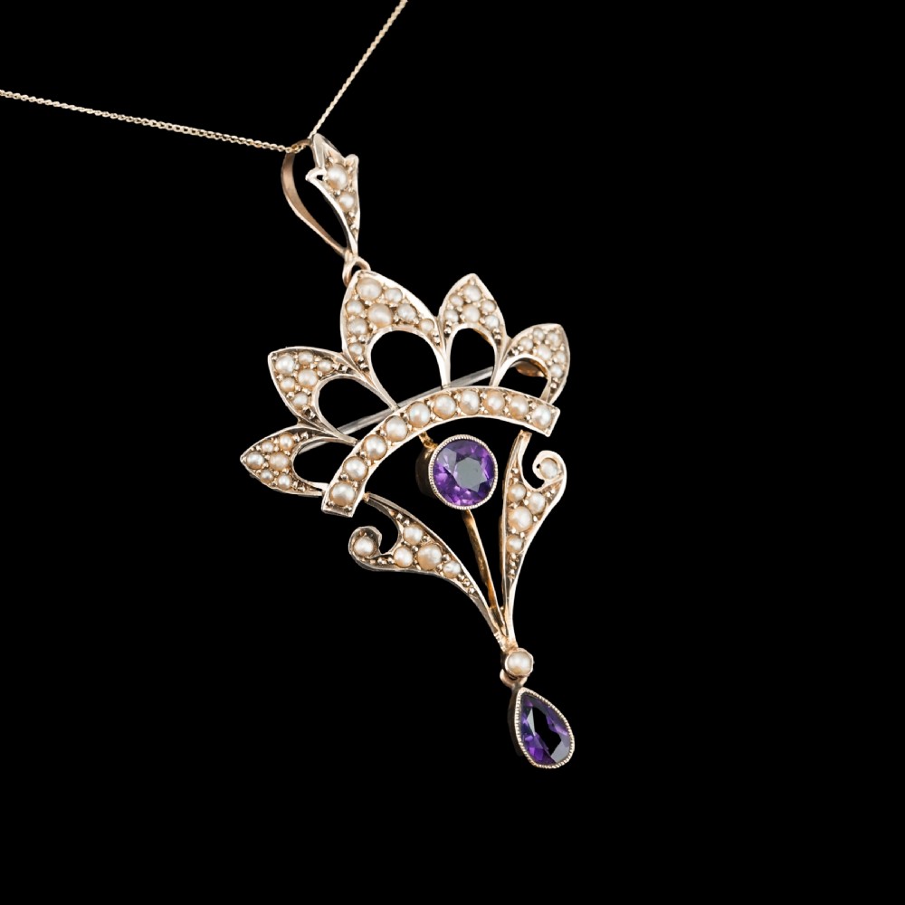 Antique Edwardian Amethyst Necklace with Seed Pearls 9ct Gold - c.1900s View VI