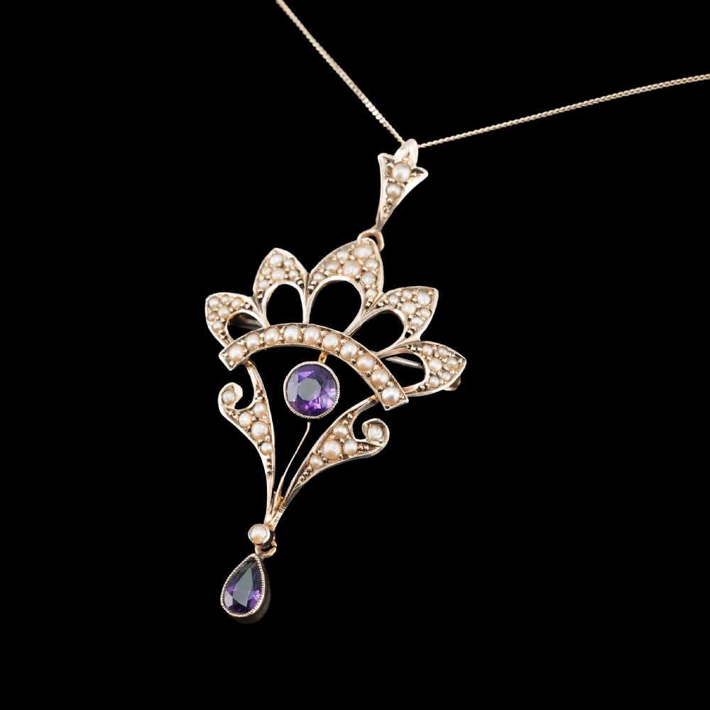 Antique Edwardian Amethyst Necklace with Seed Pearls 9ct Gold - c.1900s View VII