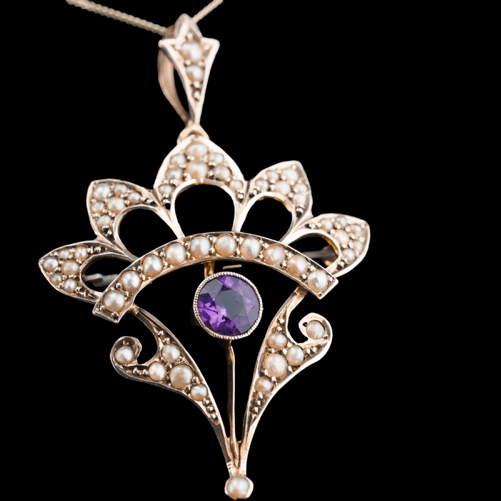 Antique Edwardian Amethyst Necklace with Seed Pearls 9ct Gold - c.1900s View VIII