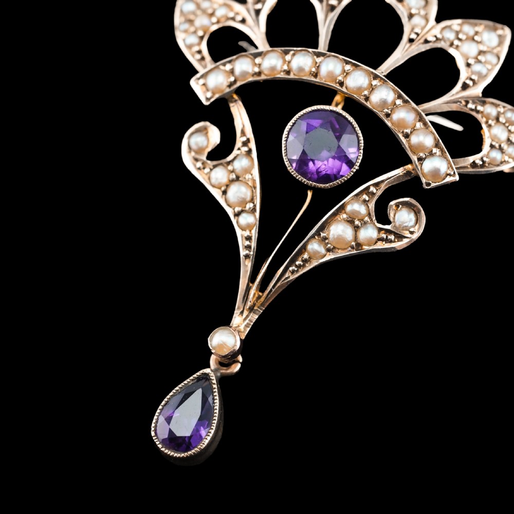 Antique Edwardian Amethyst Necklace with Seed Pearls 9ct Gold - c.1900s View IX