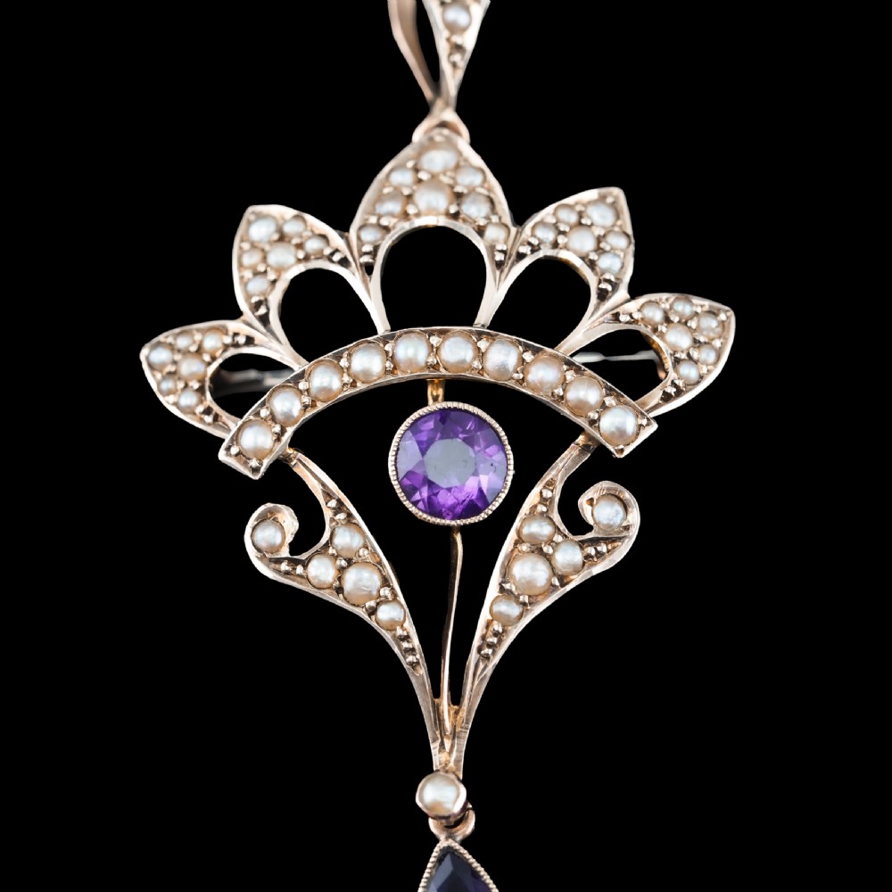 Antique Edwardian Amethyst Necklace with Seed Pearls 9ct Gold - c.1900s View X