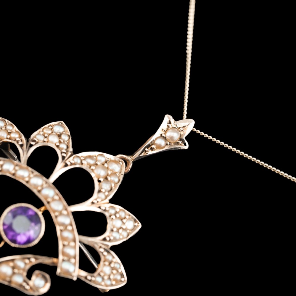 Antique Edwardian Amethyst Necklace with Seed Pearls 9ct Gold - c.1900s View XI