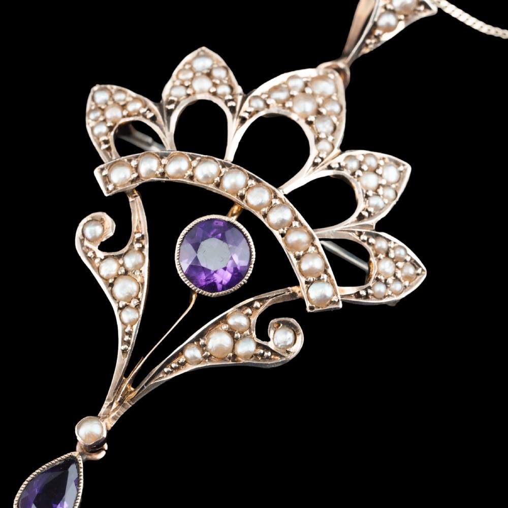 Antique Edwardian Amethyst Necklace with Seed Pearls 9ct Gold - c.1900s View XII