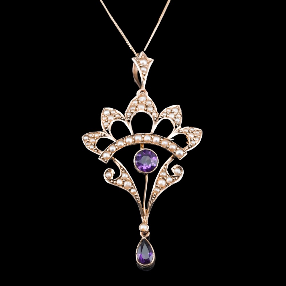Antique Edwardian Amethyst Necklace with Seed Pearls 9ct Gold - c.1900s View XIV