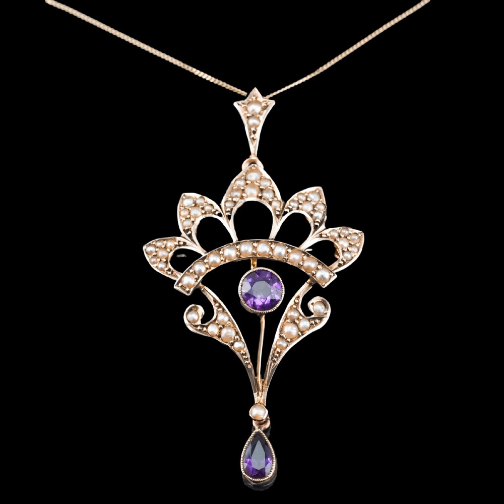Antique Edwardian Amethyst Necklace with Seed Pearls 9ct Gold - c.1900s View XV