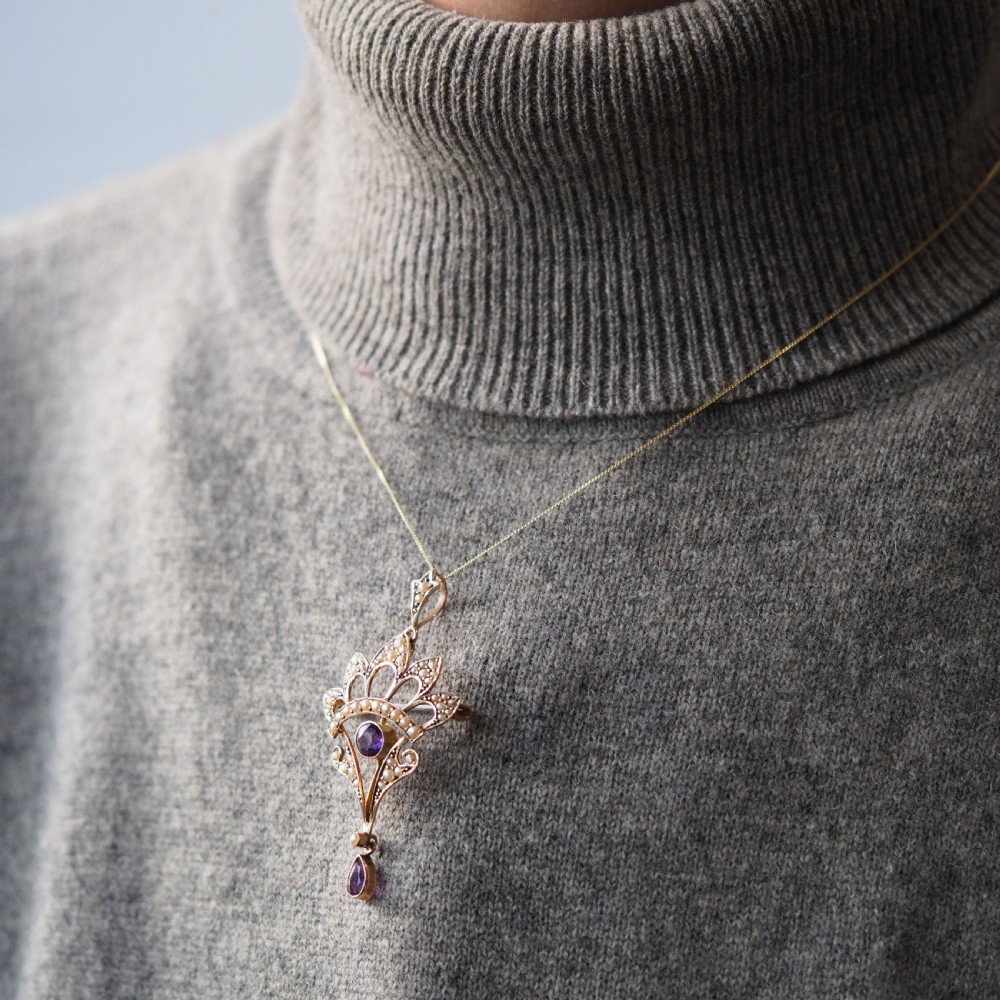 Antique Edwardian Amethyst Necklace with Seed Pearls 9ct Gold - c.1900s View XIX