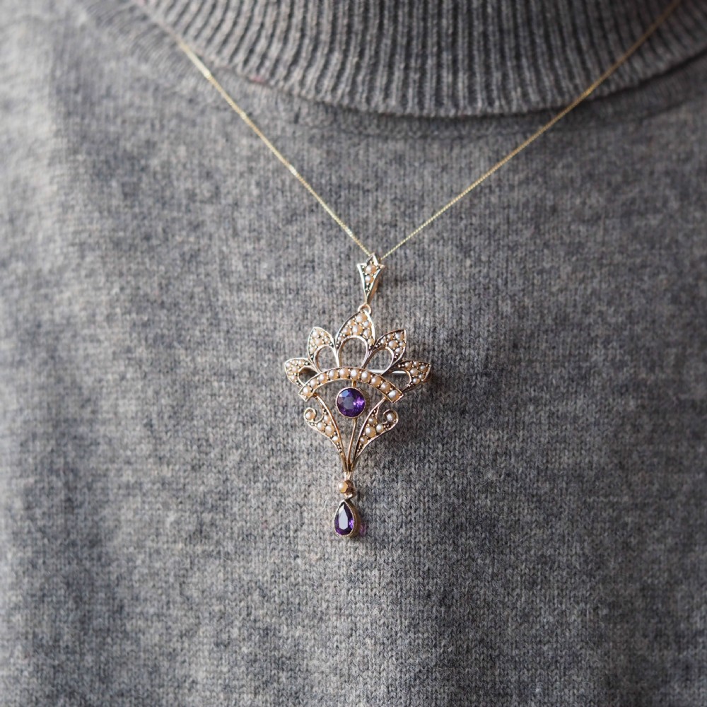 Antique Edwardian Amethyst Necklace with Seed Pearls 9ct Gold - c.1900s View XX