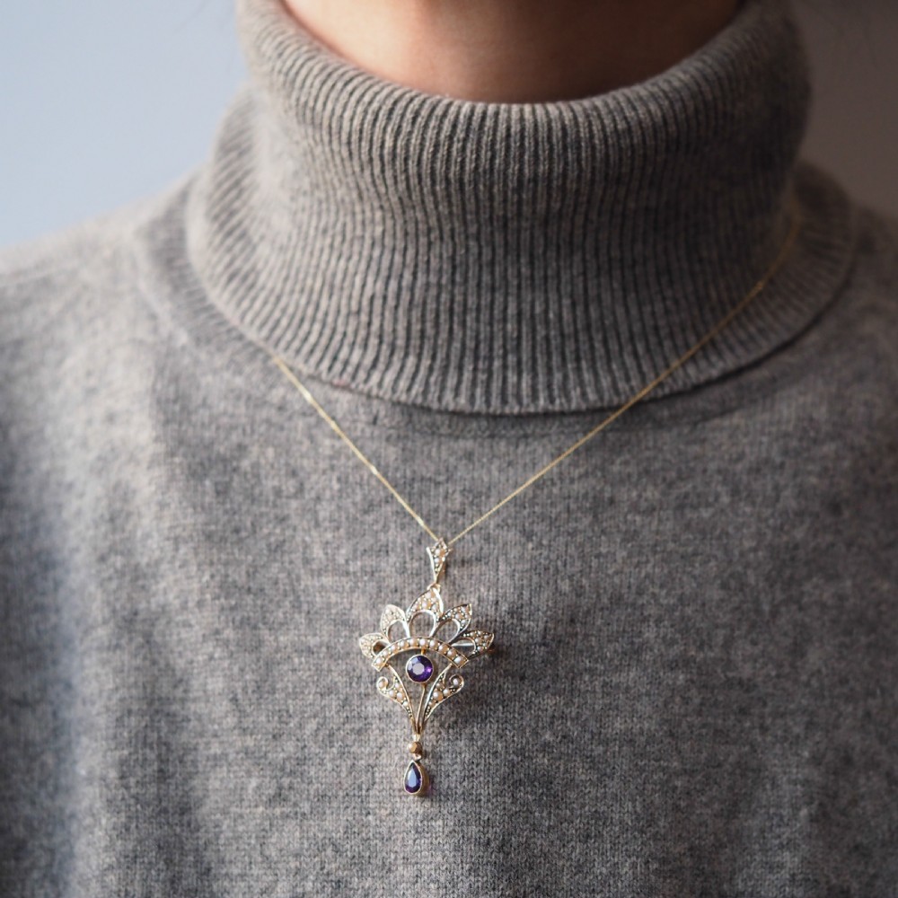 Antique Edwardian Amethyst Necklace with Seed Pearls 9ct Gold - c.1900s View XXII