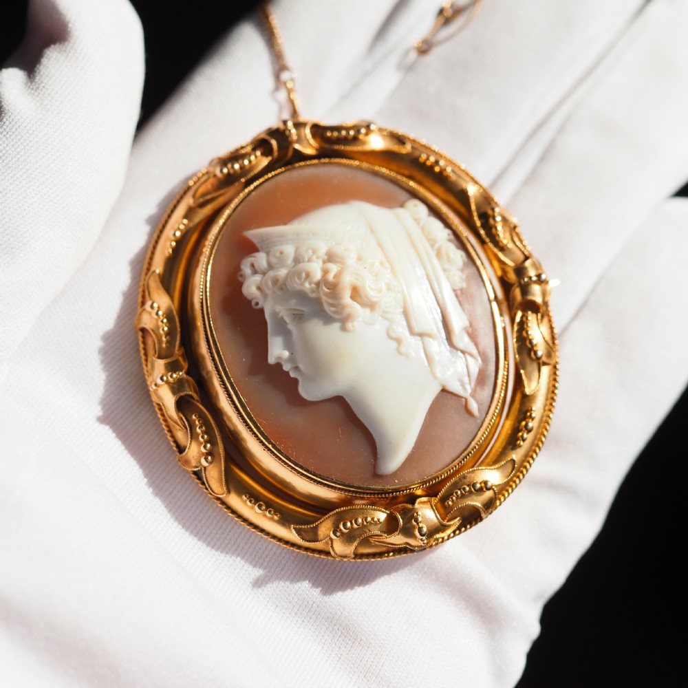 Antique Victorian Large 18K Gold Cameo Brooch Pendant Locket - c.1860 View II