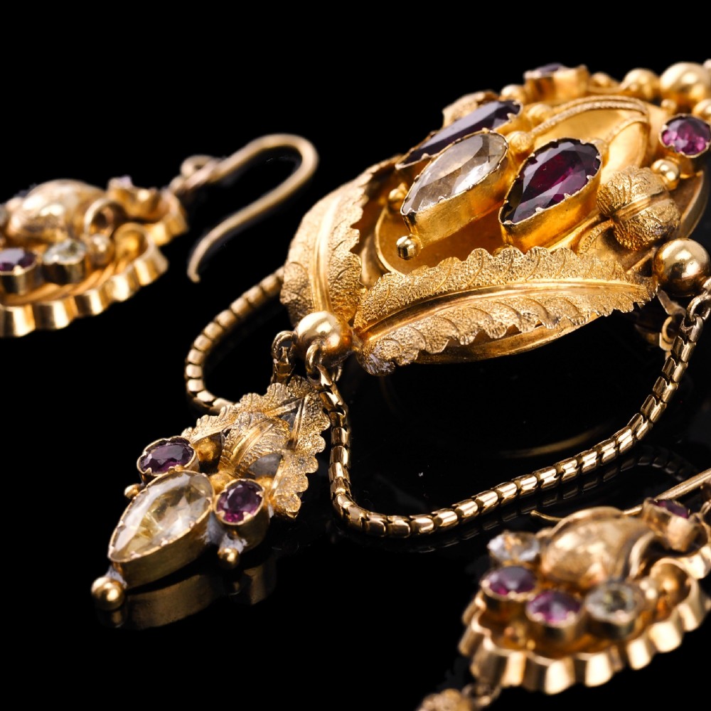 Antique Victorian 18K Gold Brooch/Pendant & Earrings Garnet & Chrysoberyl - Etruscan Revival c.1870 View II