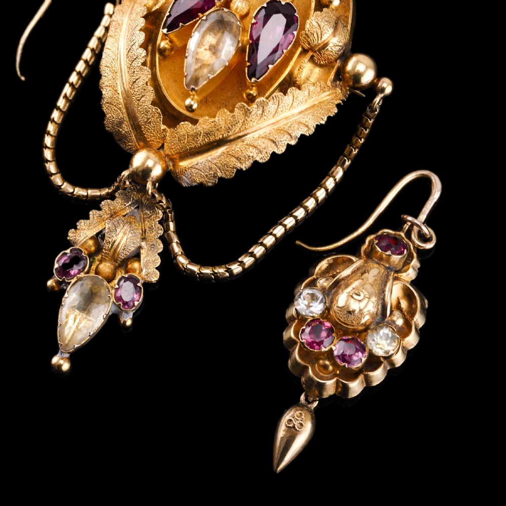 Antique Victorian 18K Gold Brooch/Pendant & Earrings Garnet & Chrysoberyl - Etruscan Revival c.1870 View III