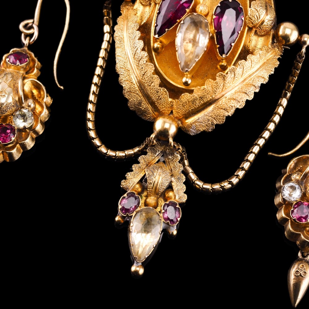 Antique Victorian 18K Gold Brooch/Pendant & Earrings Garnet & Chrysoberyl - Etruscan Revival c.1870 View IV