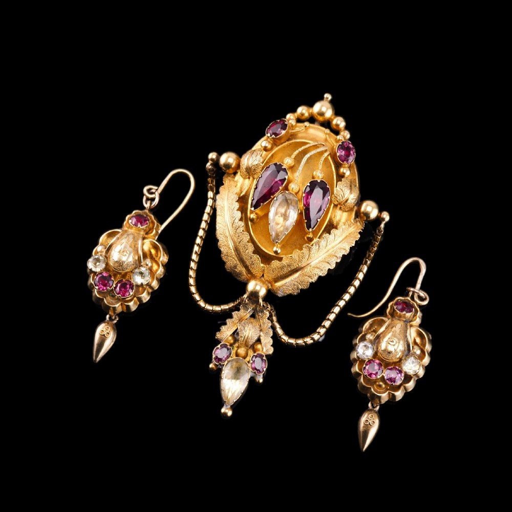 Antique Victorian 18K Gold Brooch/Pendant & Earrings Garnet & Chrysoberyl - Etruscan Revival c.1870 View VII