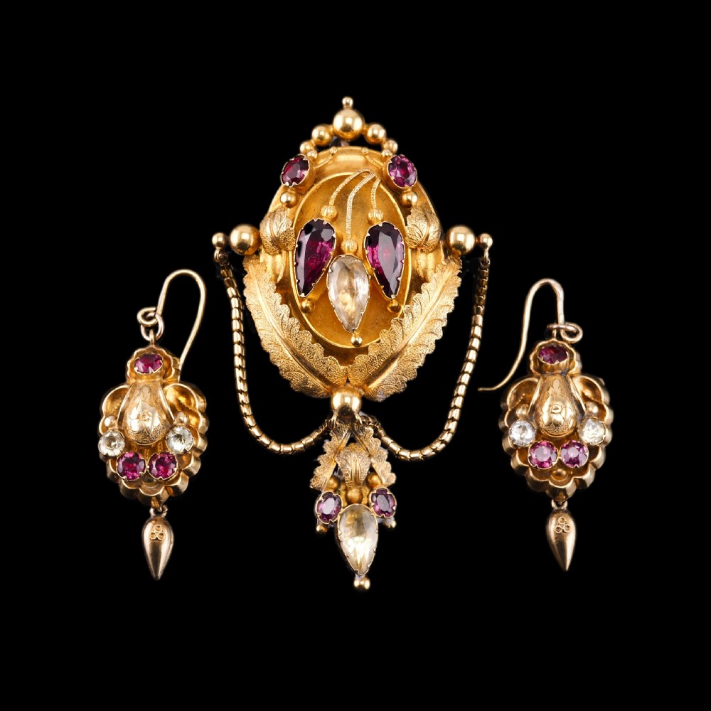 Antique Victorian 18K Gold Brooch/Pendant & Earrings Garnet & Chrysoberyl - Etruscan Revival c.1870 View VIII