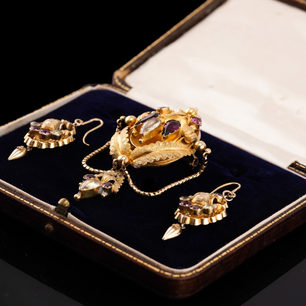 Antique Victorian 18K Gold Brooch/Pendant & Earrings Garnet & Chrysoberyl - Etruscan Revival c.1870 View X