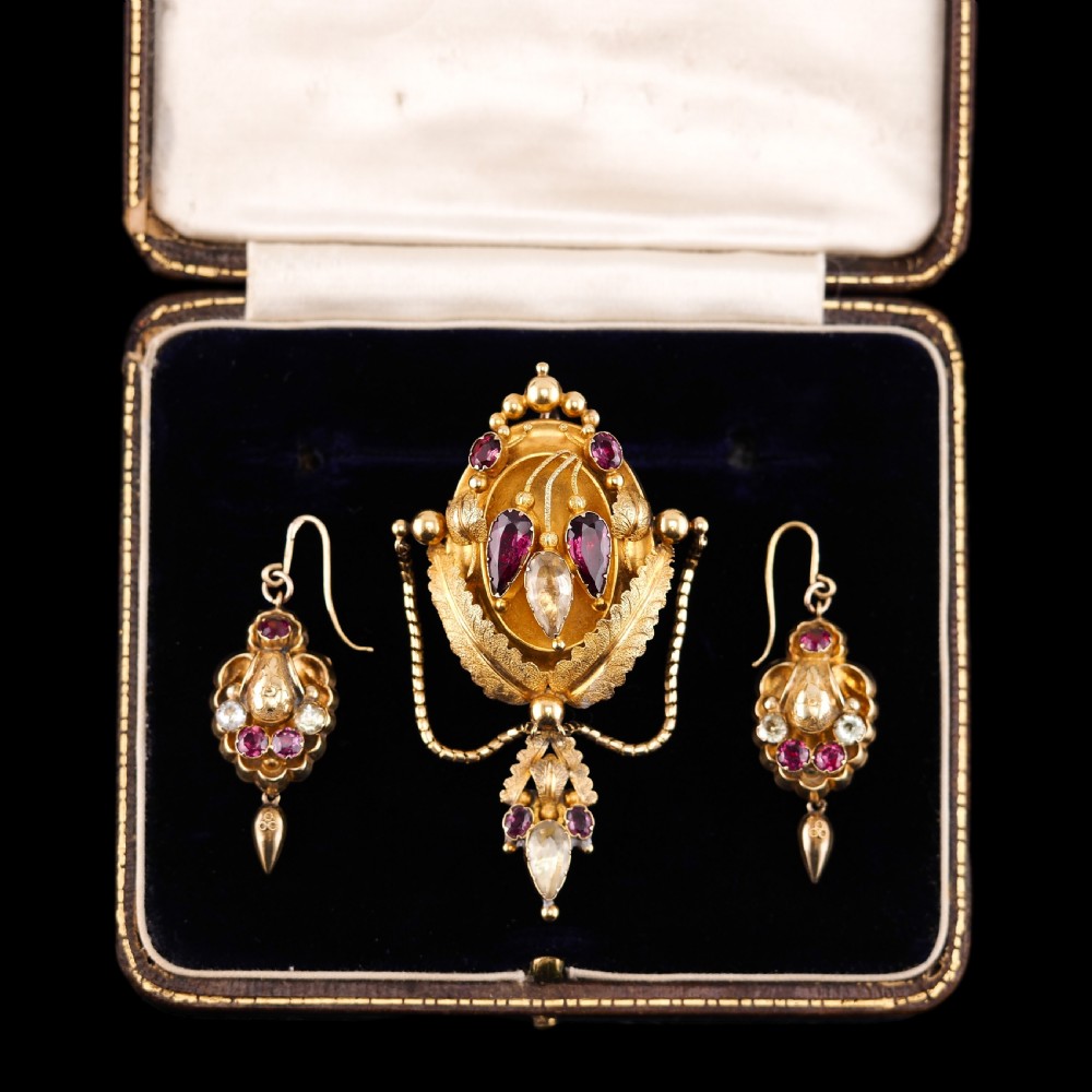 Antique Victorian 18K Gold Brooch/Pendant & Earrings Garnet & Chrysoberyl - Etruscan Revival c.1870 View XI