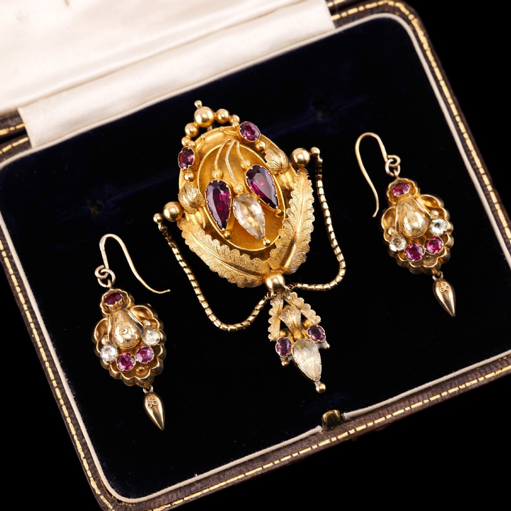 Antique Victorian 18K Gold Brooch/Pendant & Earrings Garnet & Chrysoberyl - Etruscan Revival c.1870 View XII