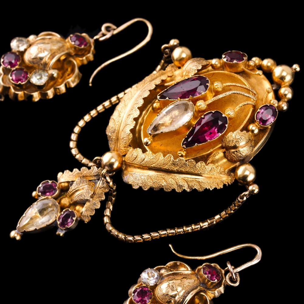 Antique Victorian 18K Gold Brooch/Pendant & Earrings Garnet & Chrysoberyl - Etruscan Revival c.1870 View XIII
