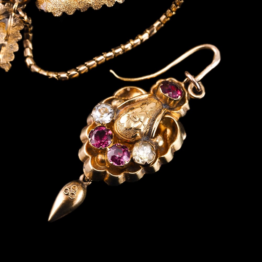 Antique Victorian 18K Gold Brooch/Pendant & Earrings Garnet & Chrysoberyl - Etruscan Revival c.1870 View XIV