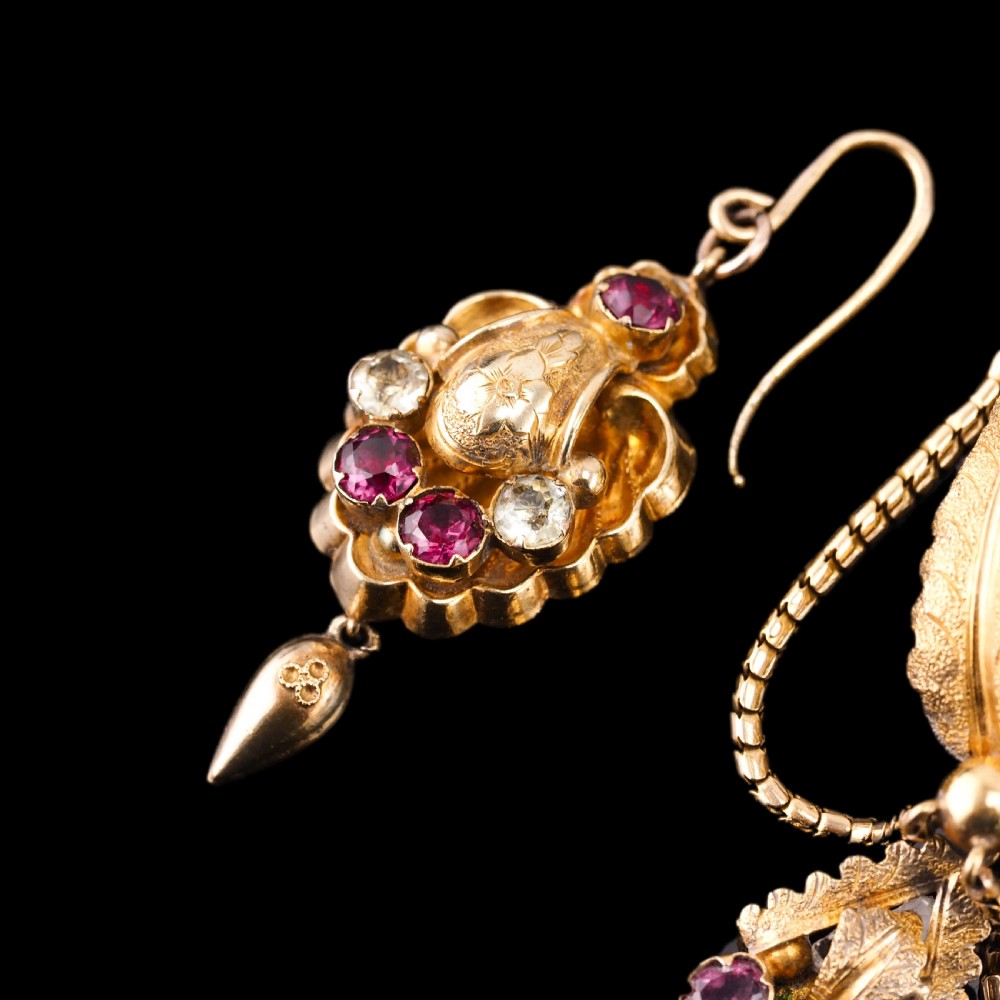 Antique Victorian 18K Gold Brooch/Pendant & Earrings Garnet & Chrysoberyl - Etruscan Revival c.1870 View XV