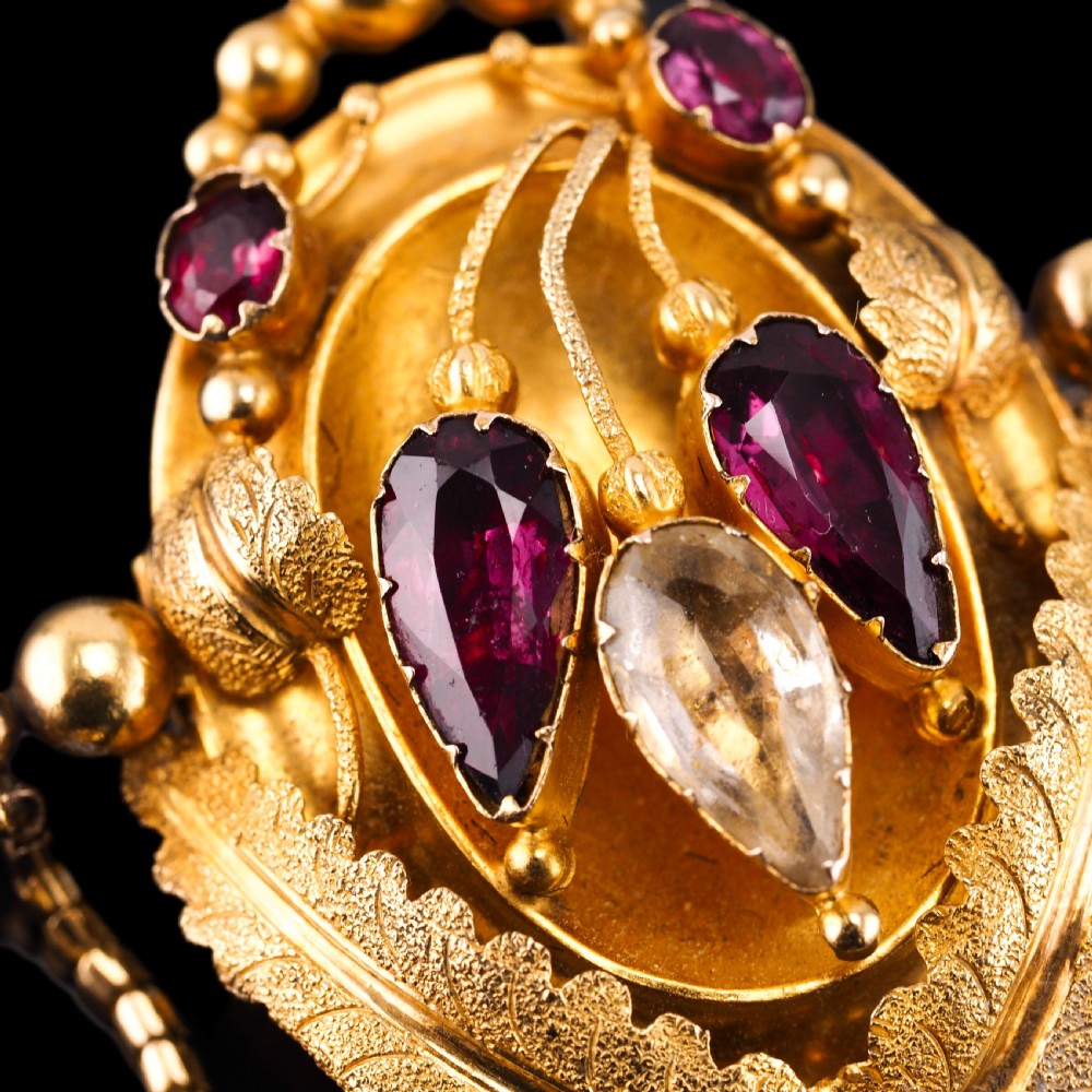 Antique Victorian 18K Gold Brooch/Pendant & Earrings Garnet & Chrysoberyl - Etruscan Revival c.1870 View XVI