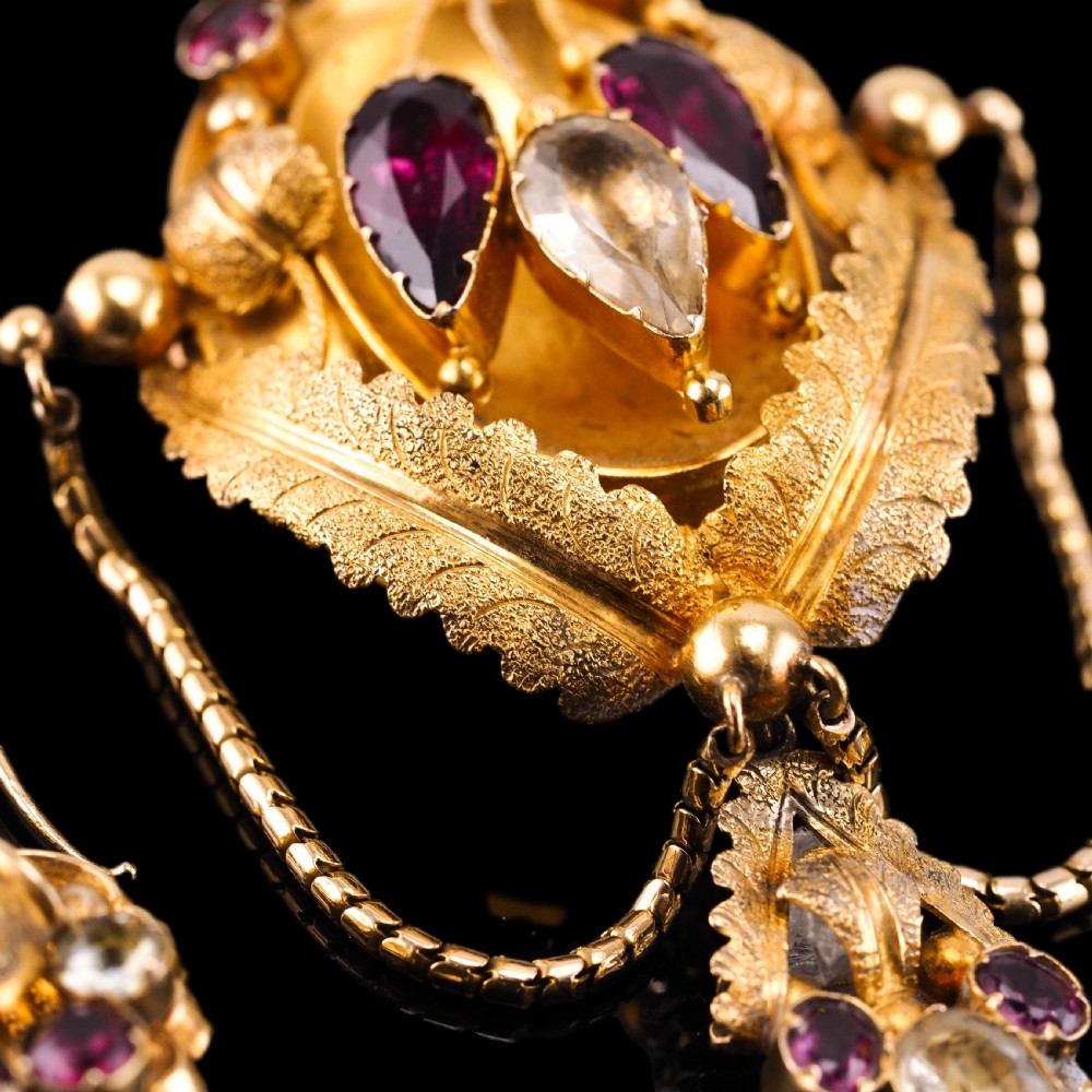 Antique Victorian 18K Gold Brooch/Pendant & Earrings Garnet & Chrysoberyl - Etruscan Revival c.1870 View XVII
