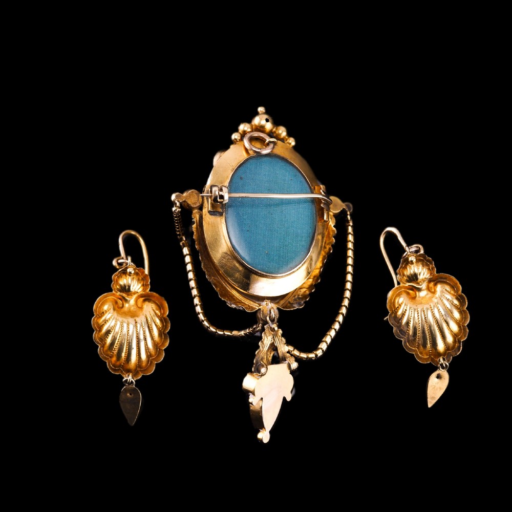 Antique Victorian 18K Gold Brooch/Pendant & Earrings Garnet & Chrysoberyl - Etruscan Revival c.1870 View XIX
