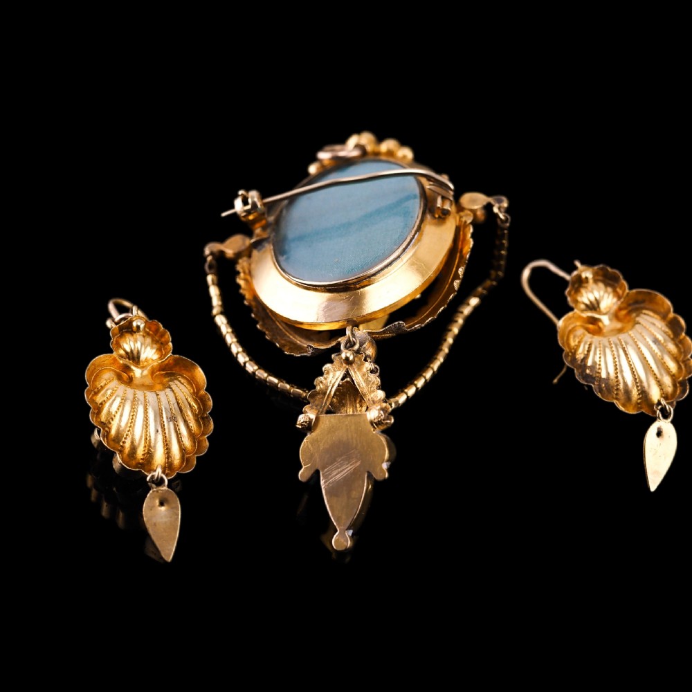 Antique Victorian 18K Gold Brooch/Pendant & Earrings Garnet & Chrysoberyl - Etruscan Revival c.1870 View XX