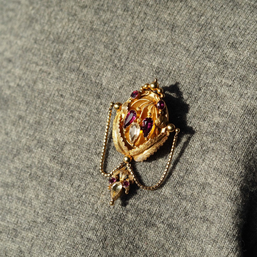 Antique Victorian 18K Gold Brooch/Pendant & Earrings Garnet & Chrysoberyl - Etruscan Revival c.1870 View XXII