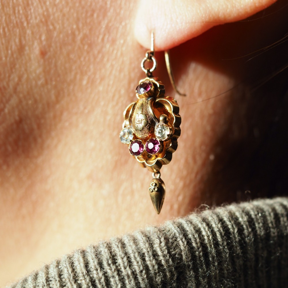 Antique Victorian 18K Gold Brooch/Pendant & Earrings Garnet & Chrysoberyl - Etruscan Revival c.1870 View XXIV