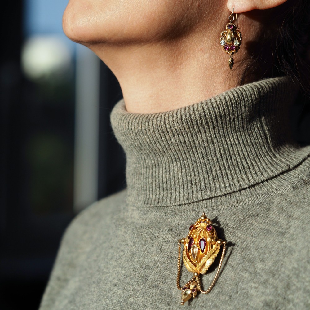 Antique Victorian 18K Gold Brooch/Pendant & Earrings Garnet & Chrysoberyl - Etruscan Revival c.1870 View XXVI