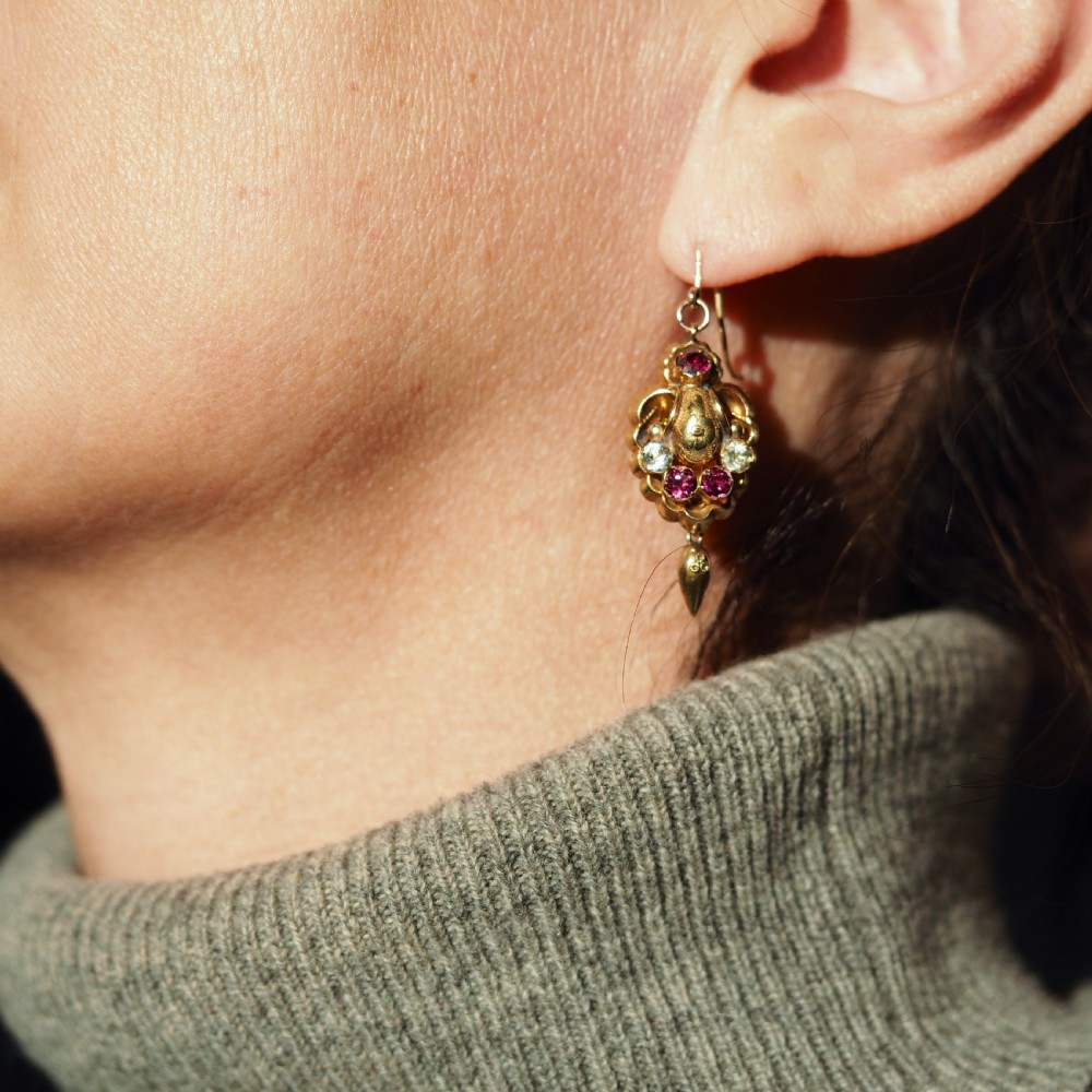 Antique Victorian 18K Gold Brooch/Pendant & Earrings Garnet & Chrysoberyl - Etruscan Revival c.1870 View XXVII