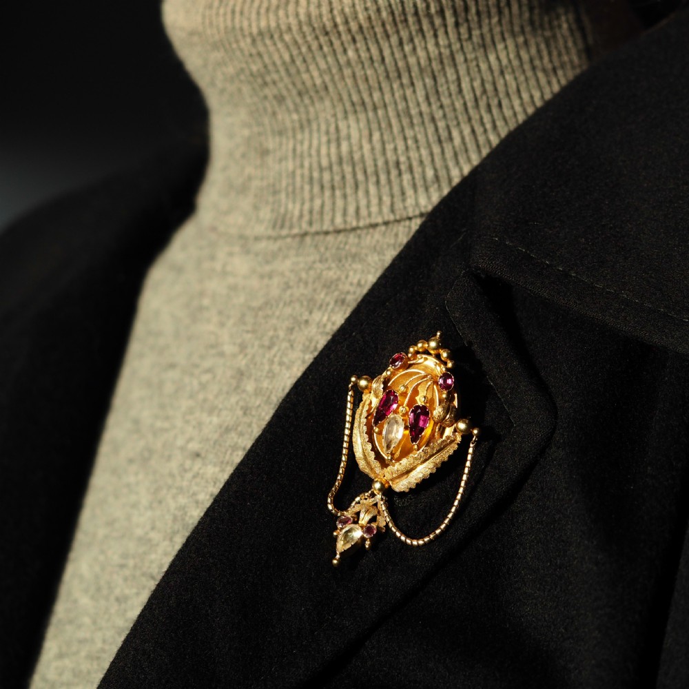 Antique Victorian 18K Gold Brooch/Pendant & Earrings Garnet & Chrysoberyl - Etruscan Revival c.1870 View XXVIII