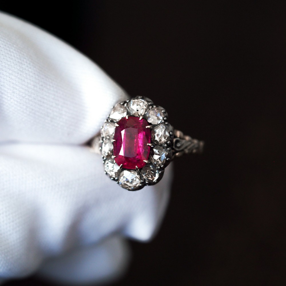 Antique Victorian Rubellite/Pink Tourmaline & Diamond Cluster Ring - c.1880 View VI