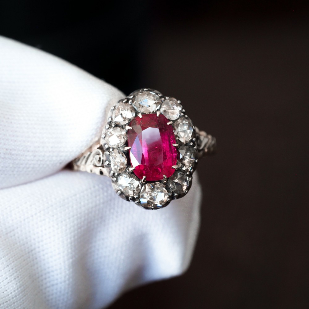 Antique Victorian Rubellite/Pink Tourmaline & Diamond Cluster Ring - c.1880 View VII