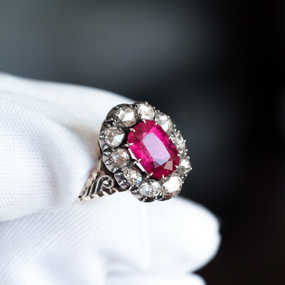 Antique Victorian Rubellite/Pink Tourmaline & Diamond Cluster Ring - c.1880 View VIII