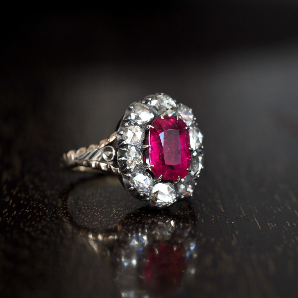Antique Victorian Rubellite/Pink Tourmaline & Diamond Cluster Ring - c.1880 View IX