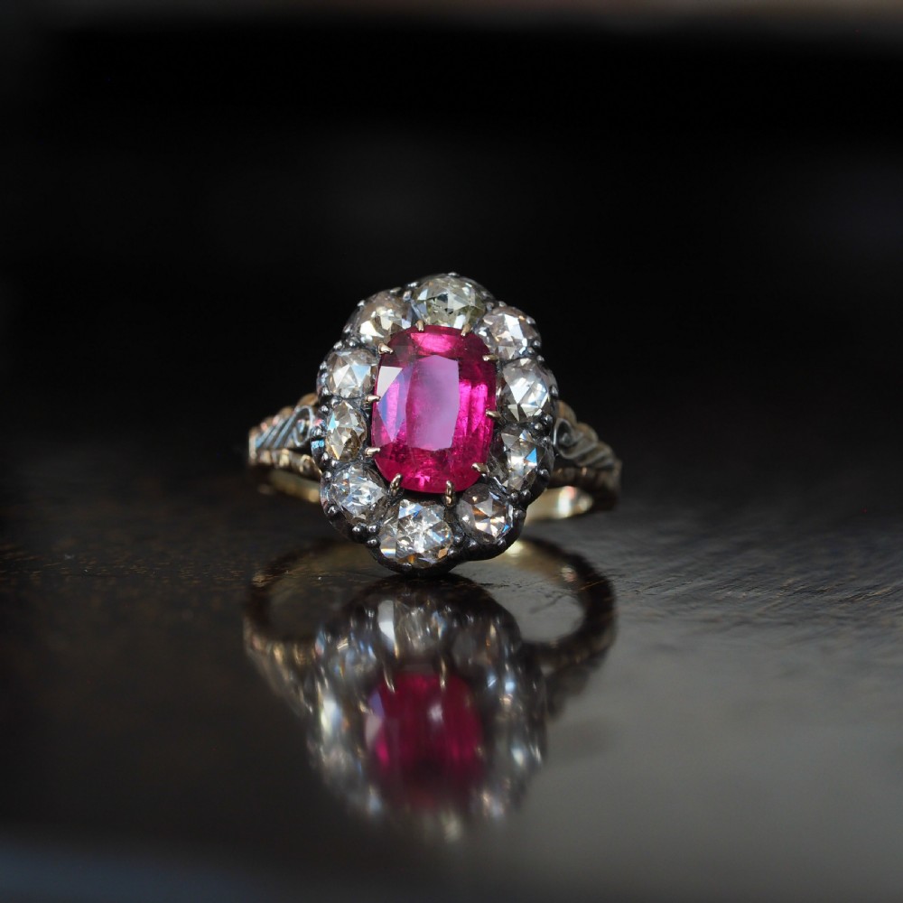 Antique Victorian Rubellite/Pink Tourmaline & Diamond Cluster Ring - c.1880 View X