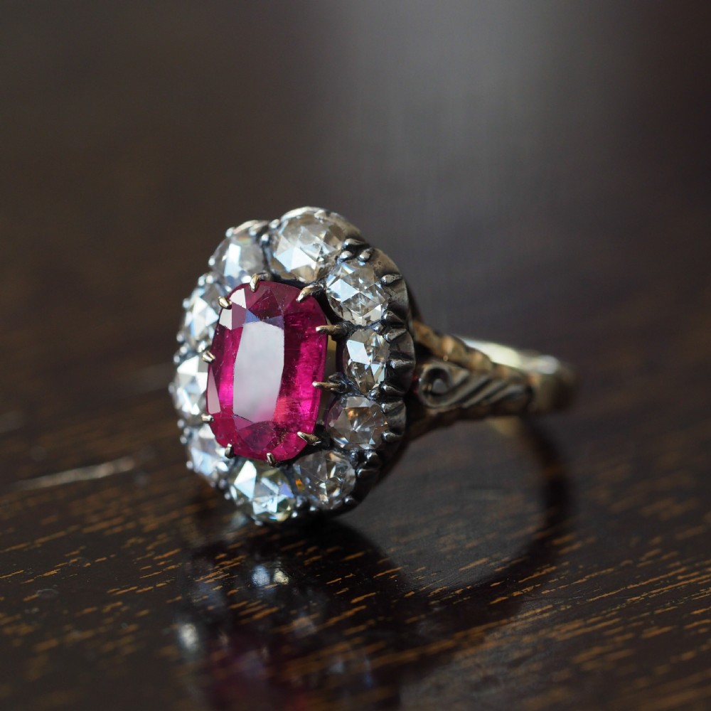 Antique Victorian Rubellite/Pink Tourmaline & Diamond Cluster Ring - c.1880 View XI