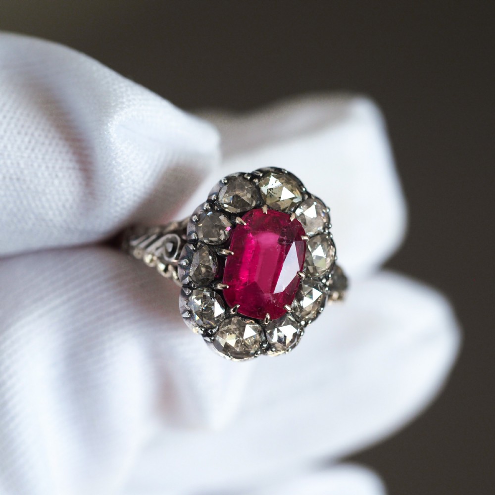 Antique Victorian Rubellite/Pink Tourmaline & Diamond Cluster Ring - c.1880 View XII