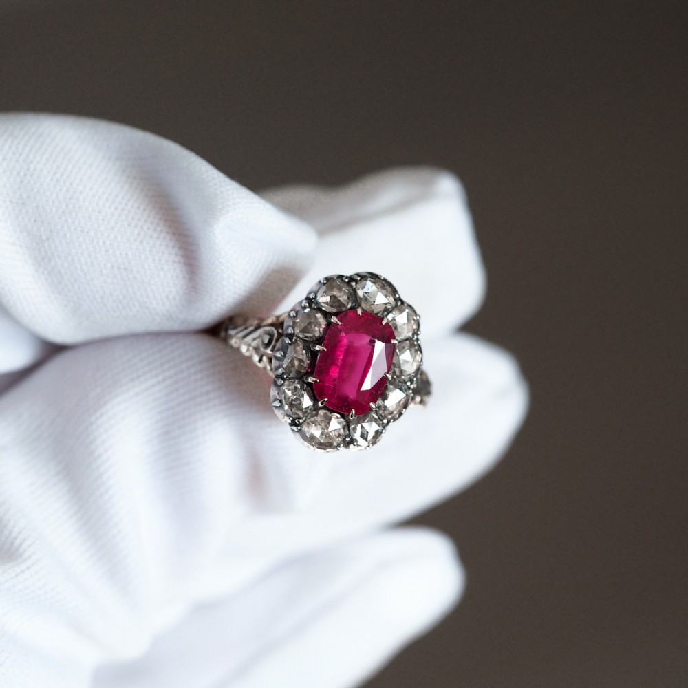 Antique Victorian Rubellite/Pink Tourmaline & Diamond Cluster Ring - c.1880 View XIII