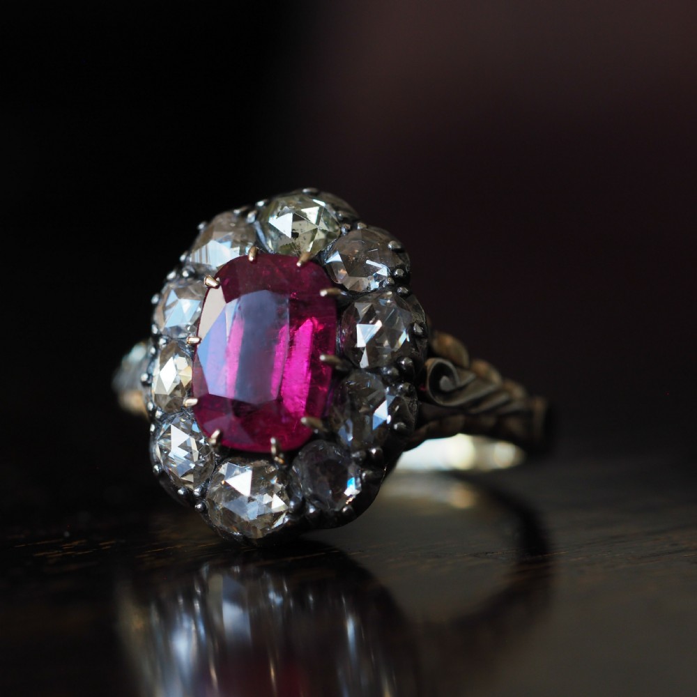 Antique Victorian Rubellite/Pink Tourmaline & Diamond Cluster Ring - c.1880 View XIV