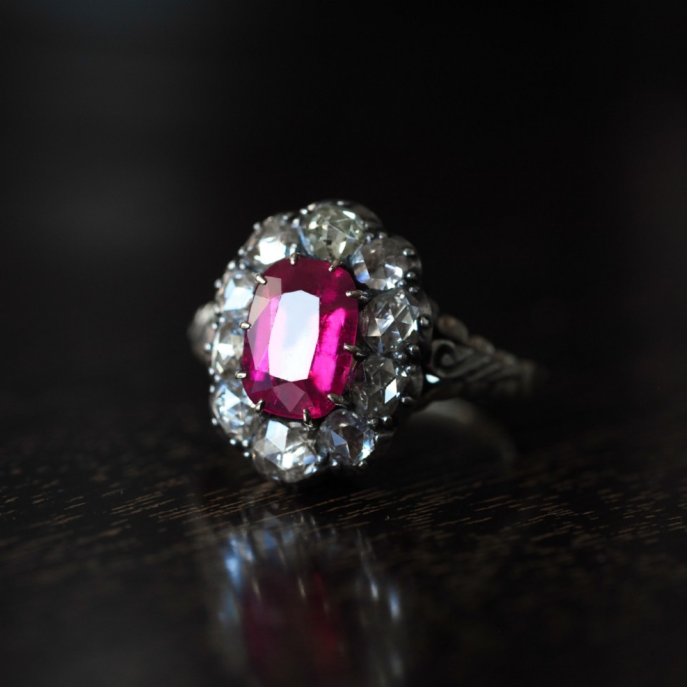 Antique Victorian Rubellite/Pink Tourmaline & Diamond Cluster Ring - c.1880 View XV