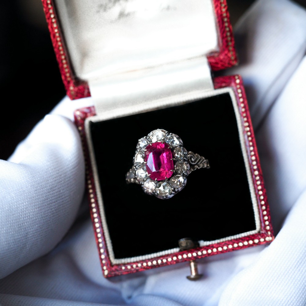 Antique Victorian Rubellite/Pink Tourmaline & Diamond Cluster Ring - c.1880 View XVI